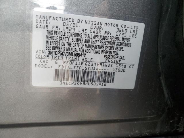 3N1CP5CV3ML505412 - 2021 NISSAN KICKS SV GRAY photo 13