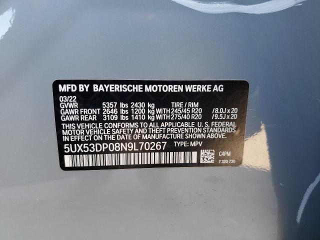 5UX53DP08N9L70267 - 2022 BMW X3 XDRIVE30I GRAY photo 13