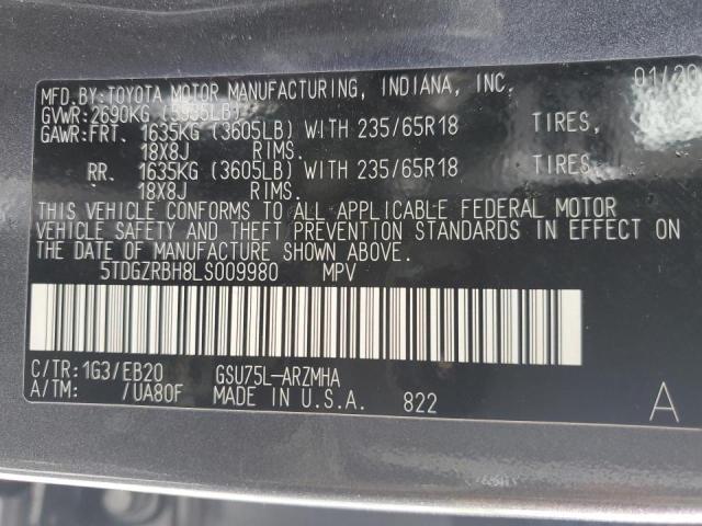 5TDGZRBH8LS009980 - 2020 TOYOTA HIGHLANDER XLE GRAY photo 12