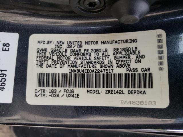 1NXBU4EE0AZ247517 - 2010 TOYOTA COROLLA BASE GRAY photo 12