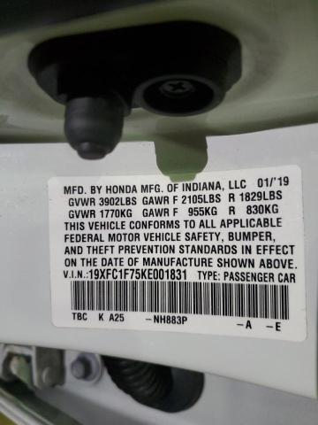 19XFC1F75KE001831 - 2019 HONDA CIVIC EXL თეთრი ფოტო 12