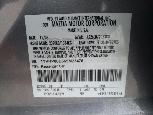 1YVHP80D665M23476 - 2006 MAZDA 6 S GRAY photo 12