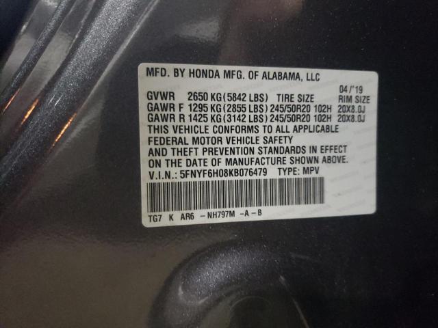 5FNYF6H08KB076479 - 2019 HONDA PILOT ELITE GRAY photo 12