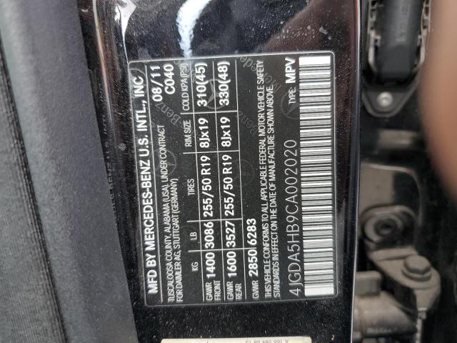 4JGDA5HB9CA002020 - 2012 MERCEDES-BENZ ML 350 4MATIC BLACK photo 13