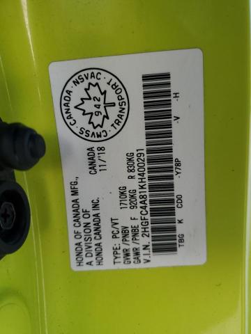 2HGFC4A81KH400291 - 2019 HONDA CIVIC SPORT 绿色 照片 12