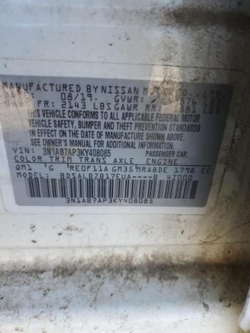 3N1AB7AP3KY408085 - 2019 NISSAN SENTRA S WHITE photo 13