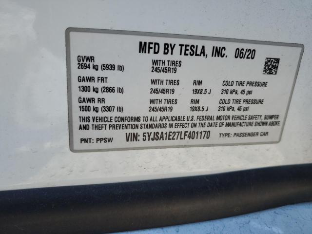 5YJSA1E27LF401170 - 2020 TESLA MODEL S WHITE photo 12