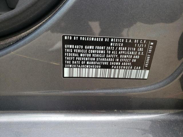 3VW2K7AJ8CM345309 - 2012 VOLKSWAGEN JETTA BASE GRAY photo 12