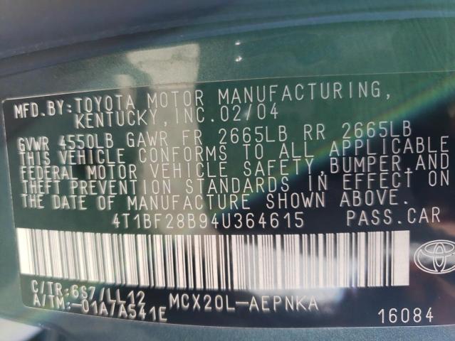 4T1BF28B94U364615 - 2004 TOYOTA AVALON XL GREEN photo 12