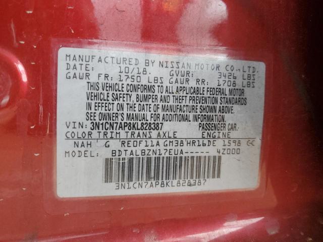 3N1CN7AP8KL828387 - 2019 NISSAN VERSA S RED photo 12