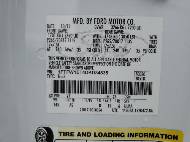 1FTFW1ET4DKD34835 - 2013 FORD F150 SUPERCREW WHITE photo 12