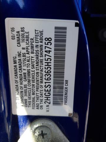 2HGES16365H574758 - 2005 HONDA CIVIC DX VP Mavi foto 12