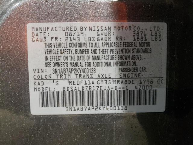 3N1AB7AP2KY400138 - 2019 NISSAN SENTRA SV S GRAY photo 12