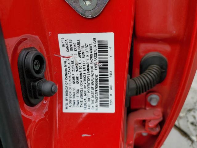 2HGFC2F87KH536082 - 2019 HONDA CIVIC SPORT Rojo foto 12