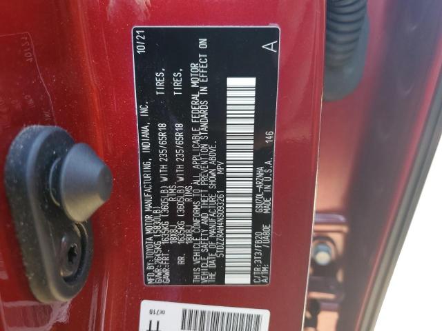 5TDZZRAH4NS093261 - 2022 TOYOTA HIGHLANDER L RED photo 13