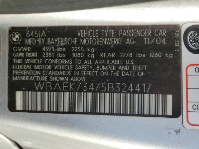 WBAEK73475B324417 - 2005 BMW 645 CI AUTOMATIC SILVER photo 12