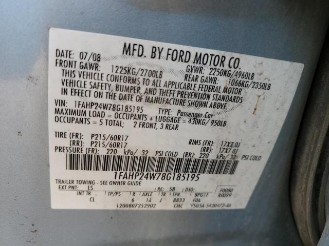 1FAHP24W78G185195 - 2008 FORD TAURUS SEL BLUE photo 12