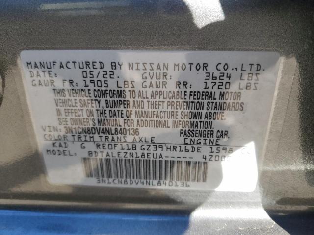 3N1CN8DV4NL840136 - 2022 NISSAN VERSA S GRAY photo 12