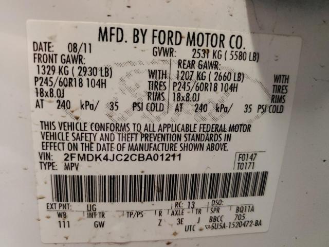 2FMDK4JC2CBA01211 - 2012 FORD EDGE SEL WHITE photo 14