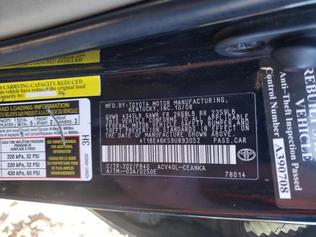 4T1BE46K59U893052 - 2009 TOYOTA CAMRY BASE BLACK photo 12