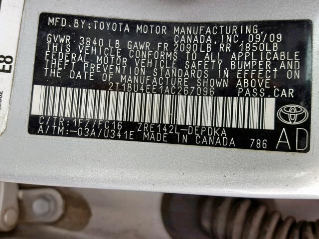 2T1BU4EE1AC267096 - 2010 TOYOTA COROLLA BASE  photo 10