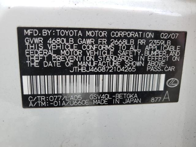 JTHBJ46G872104265 - 2007 LEXUS ES 350 WHITE photo 12