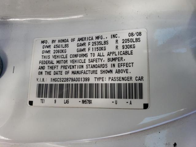 1HGCS22879A001399 - 2009 HONDA ACCORD EXL WHITE photo 12