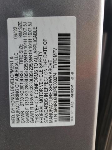 5FNRL6H83PB000274 - 2023 HONDA ODYSSEY TOURING SILVER photo 12