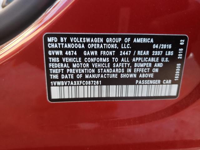 1VWBV7A3XFC087261 - 2015 VOLKSWAGEN PASSAT SE RED photo 12