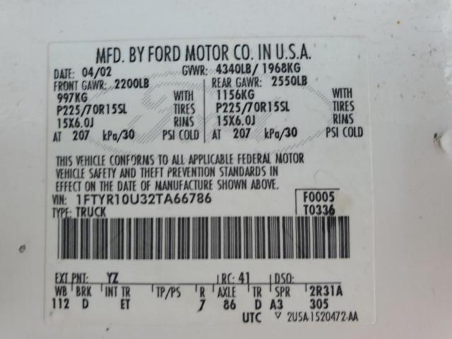 1FTYR10U32TA66786 - 2002 FORD RANGER WHITE photo 12