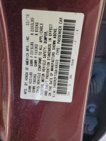 1HGCR2F70GA149503 - 2016 HONDA ACCORD EX MAROON photo 12