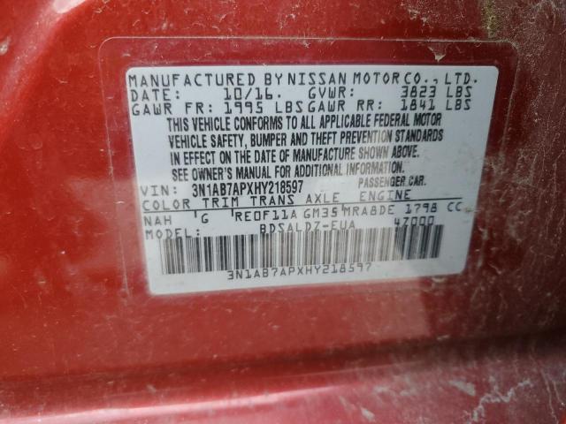 3N1AB7APXHY218597 - 2017 NISSAN SENTRA S RED photo 13