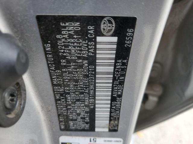 4T1B11HK9KU237210 - 2019 TOYOTA CAMRY L SILVER photo 12