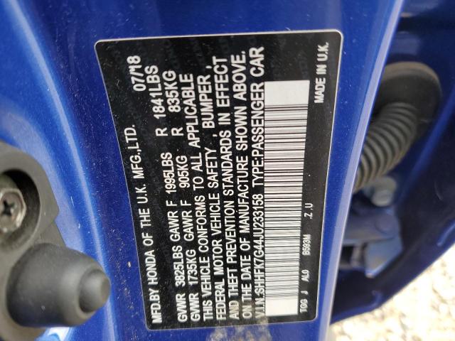 SHHFK7G44JU233158 - 2018 HONDA CIVIC SPORT 蓝色 照片 12
