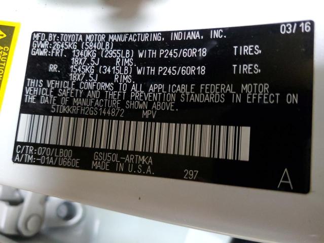 5TDKKRFH2GS144872 - 2016 TOYOTA HIGHLANDER XLE თეთრი ფოტო 13