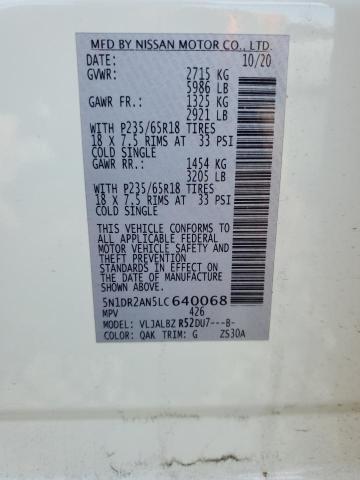 5N1DR2AN5LC640068 - 2020 NISSAN PATHFINDER S WHITE photo 14