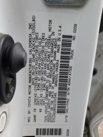 5TEJU62N55Z101546 - 2005 TOYOTA TACOMA DOUBLE CAB PRERUNNER WHITE photo 12