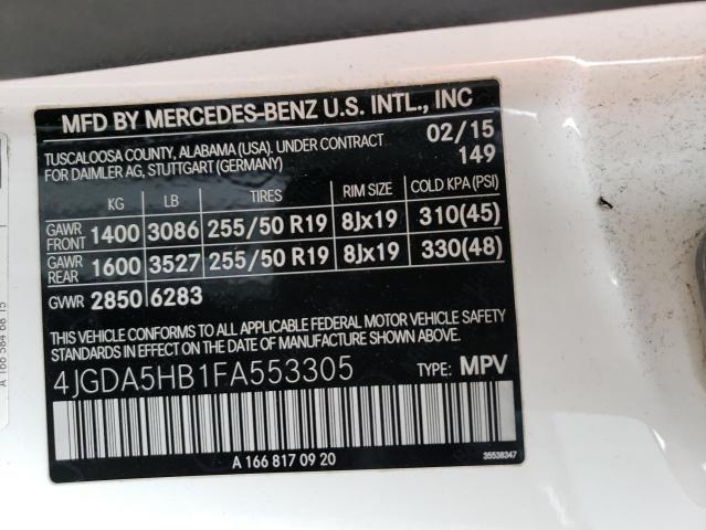 4JGDA5HB1FA553305 - 2015 MERCEDES-BENZ ML 350 4MATIC WHITE photo 13