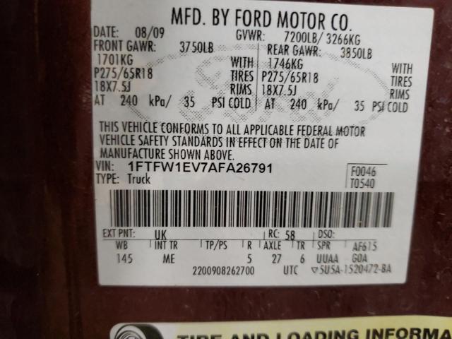 1FTFW1EV7AFA26791 - 2010 FORD F150 SUPERCREW BURGUNDY photo 12