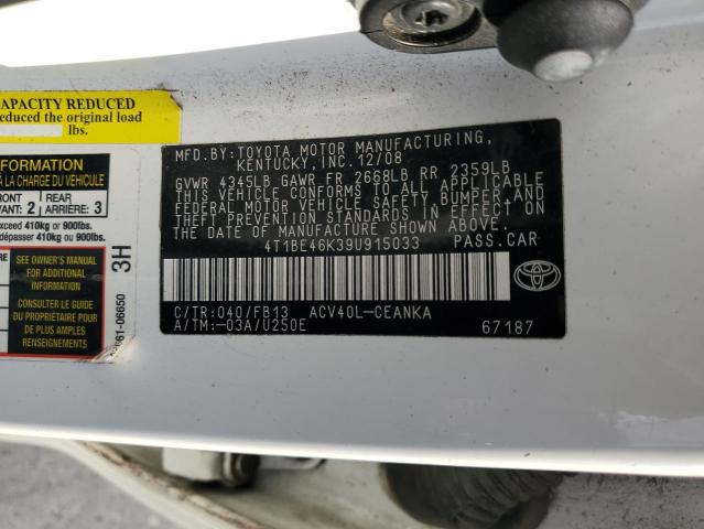 4T1BE46K39U915033 - 2009 TOYOTA CAMRY BASE WHITE photo 13