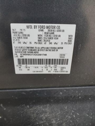 1FM5K8GT3GGA81748 - 2016 FORD EXPLORER SPORT فحمي صورة 12