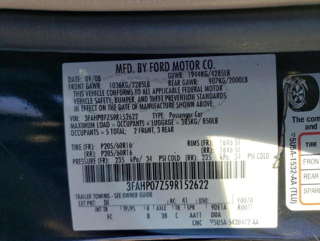 3FAHP07Z59R152622 - 2009 FORD FUSION SE BLUE photo 13