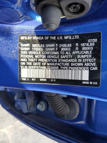 SHHFK7H48LU226005 - 2020 HONDA CIVIC SPORT BLUE photo 12