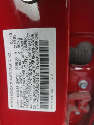 1HGCV1F33KA101120 - 2019 HONDA ACCORD SPORT BURGUNDY photo 12