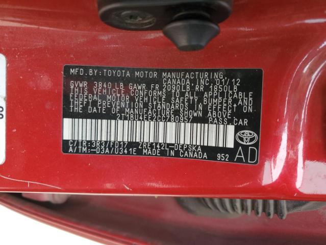 2T1BU4EE2CC780957 - 2012 TOYOTA COROLLA BASE RED photo 13