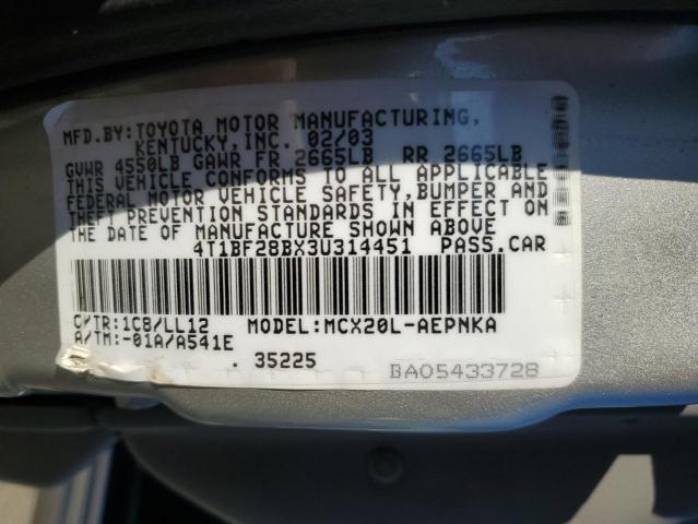 4T1BF28BX3U314451 - 2003 TOYOTA AVALON XL GRAY photo 12