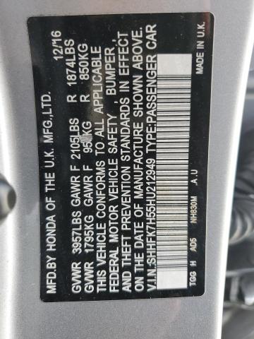 SHHFK7H55HU212949 - 2017 HONDA CIVIC EX SILVER photo 12