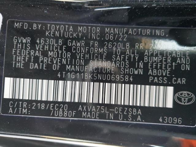 4T1G11BK5NU069584 - 2022 TOYOTA CAMRY SE BLACK photo 12