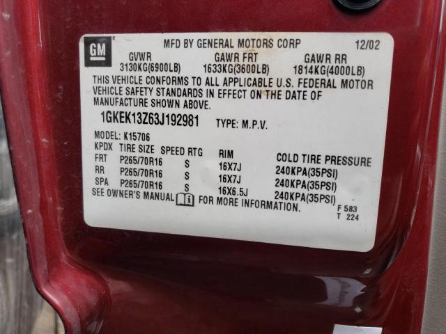 1GKEK13Z63J192981 - 2003 GMC YUKON RED photo 13