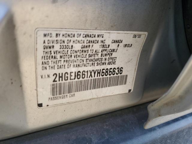 2HGEJ661XYH585636 - 2000 HONDA CIVIC BASE SILVER photo 13